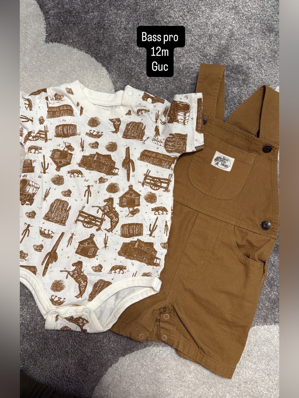 Bass Pro Shops Brown Overalls with Western Print Bodysuit